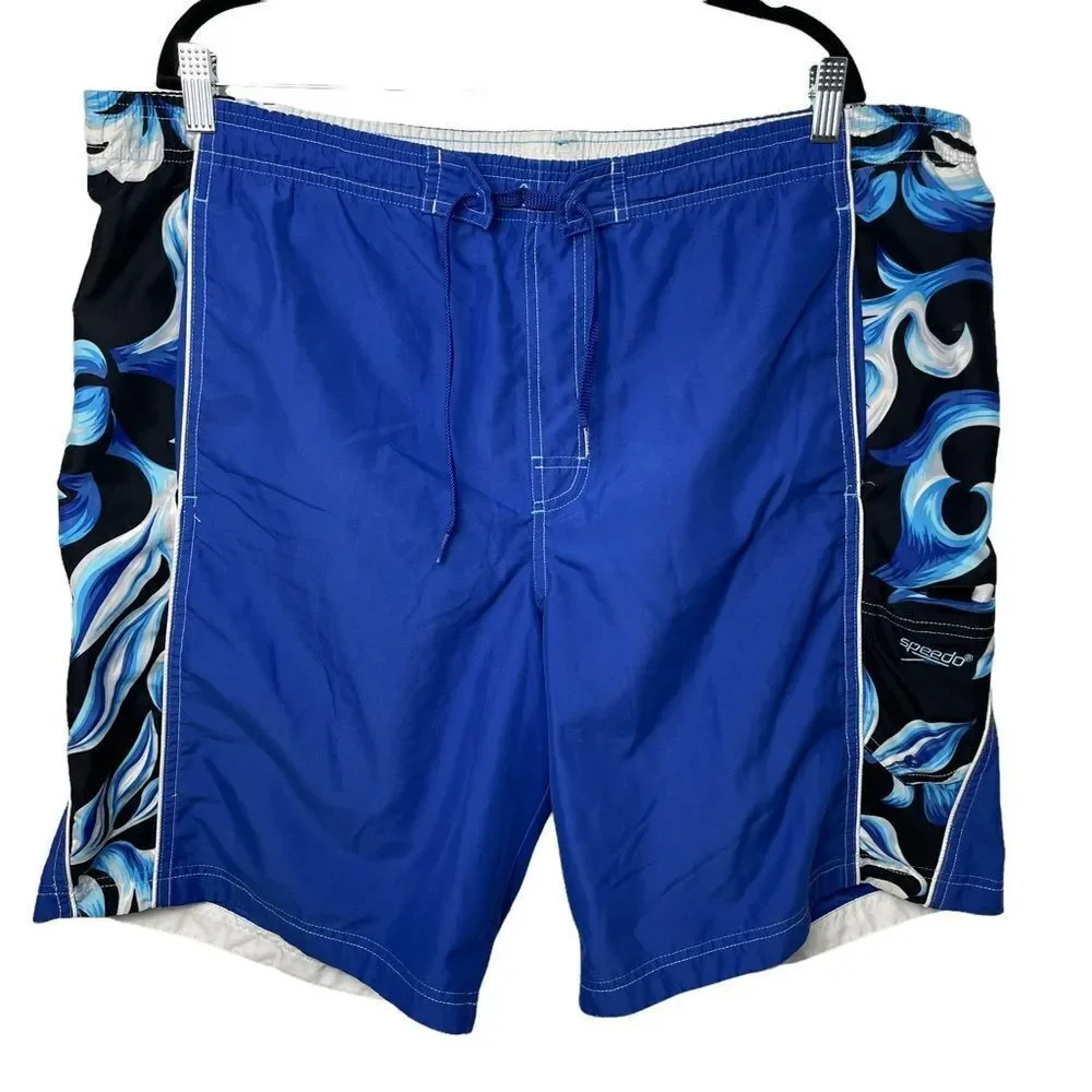 Speedo Solid Royal Blue and White Hawaiian Floral Swim Trucks drawstring size L